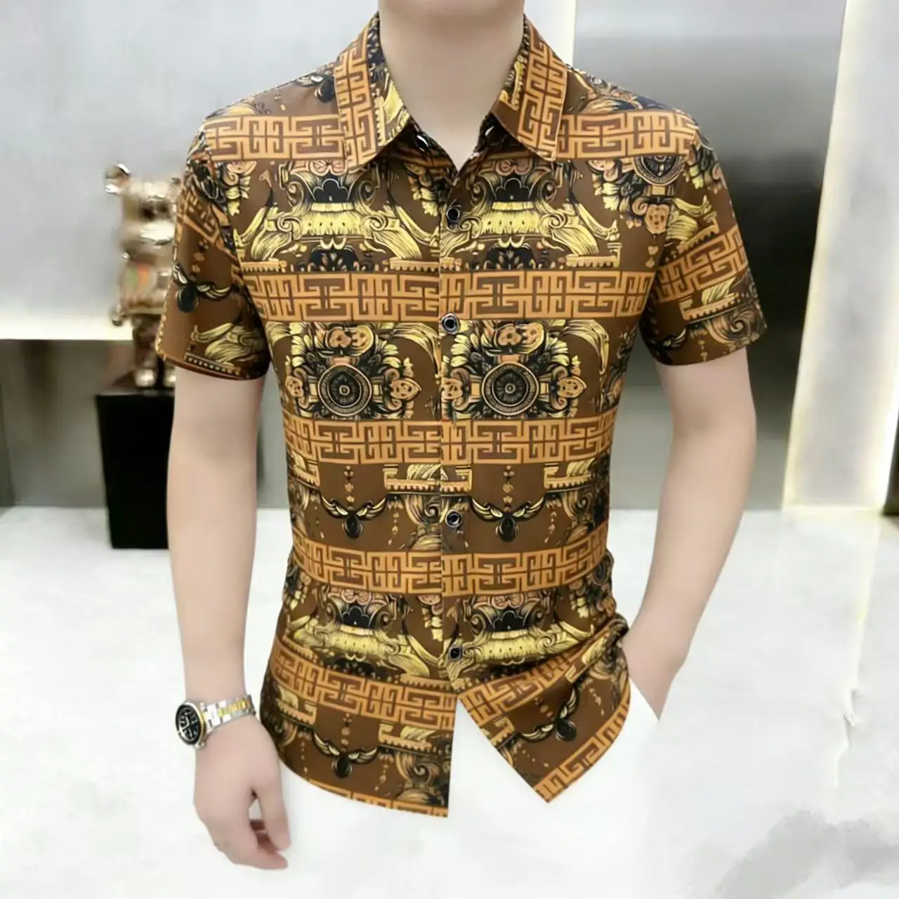

Brand Luxury Printed Short Sleeved Shirt for Men, Slim Fit Social Casual Shirt Versatile Business Office Breathable Shirts 2026