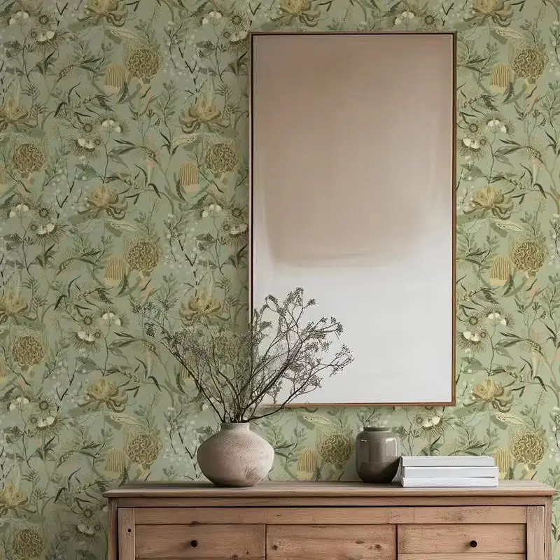Botanical Elegance Wallpaper Peel And Stick, Green Leaves Design Wall Mural For Home Decor. Self-adhesive Or Traditional Papers