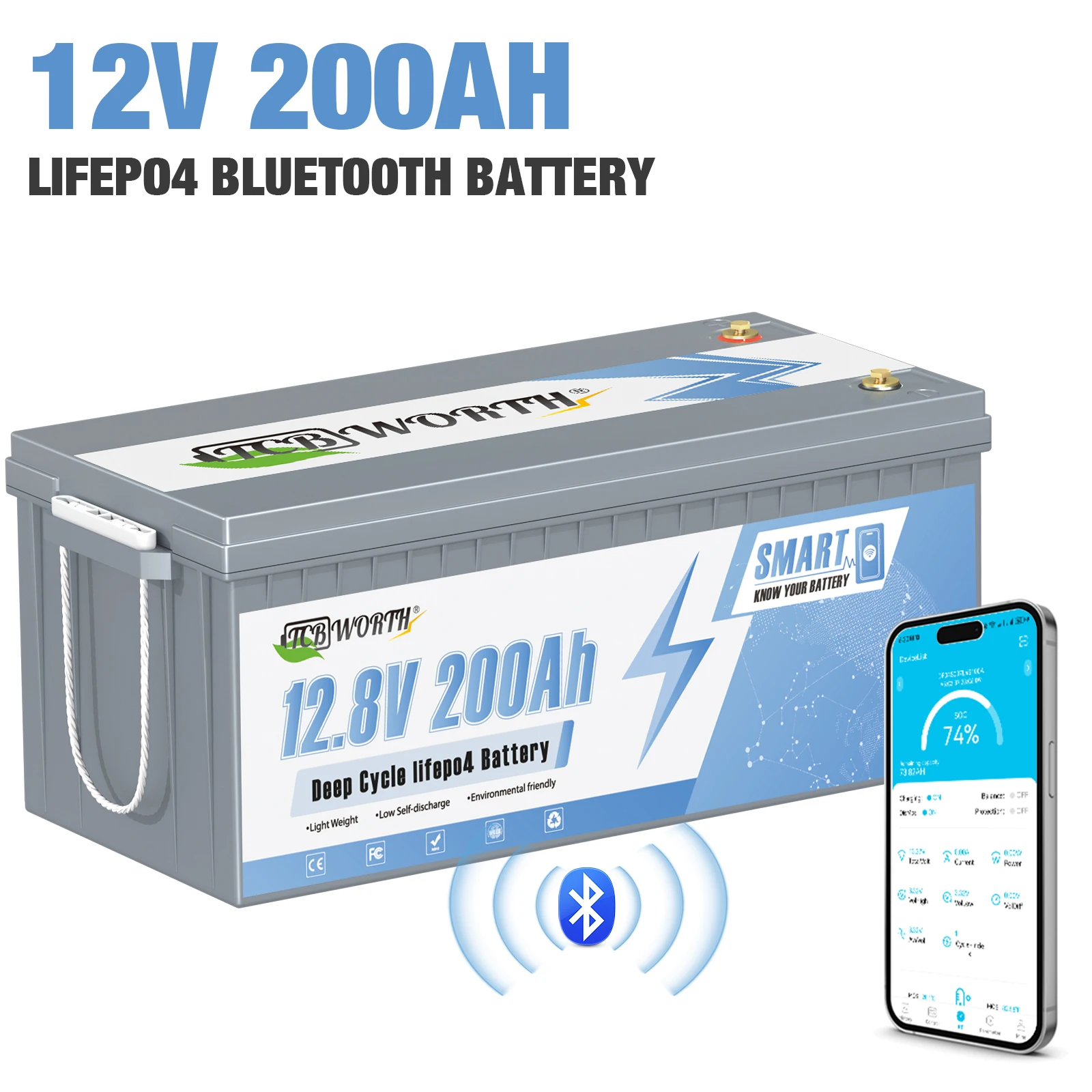 12V 200Ah Lithium LiFePO4 Deep Cycle Battery,Low Temp Cut Off,Built-in BMS for RV,Solar,Home Energy Storage,Boat, Golf Carts