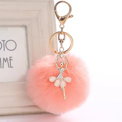 Ballet Dancing Girl Keyring Cute Fluffy Pompom Rhinestone Car Handbag Motorcycle Pendant Accessorie Keychain Retail Wholesale
