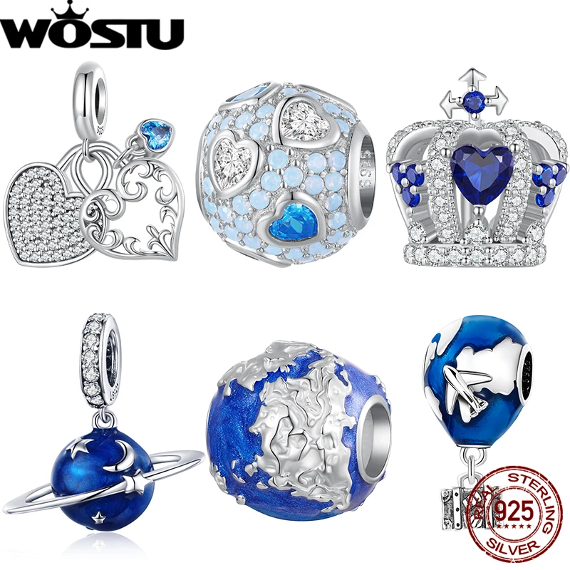 WOSTU 925 Sterling Silve Blue Crystal Heart Lock Pendant Crown Charm Earth World Beads Fit Original Bracelet Women DIY Gift