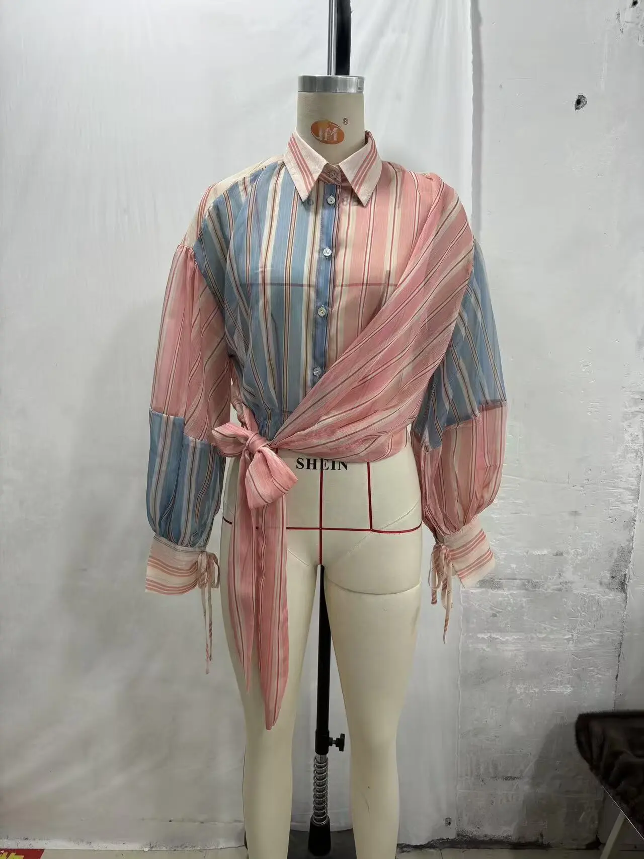 

WOMAN 2026 Summer New Fashionable Casual Micro Transparent Stripe Splicing Lace up Shirt Retro Women Blouses Top Mujer chic