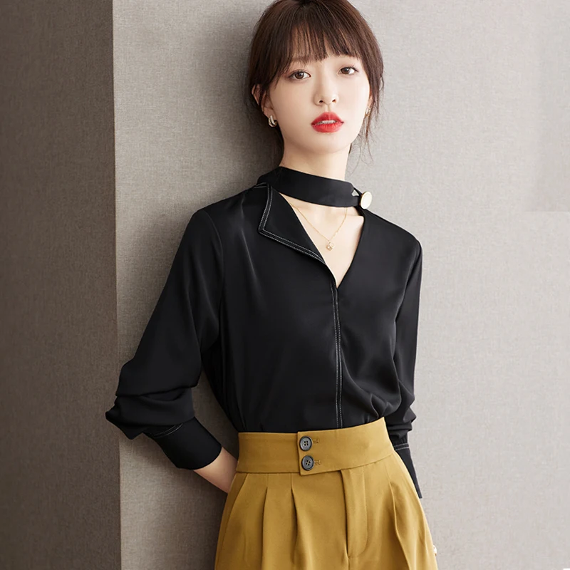 

Long Sleeve Ribbon V-neck Black Shirt Women Tops Spring Autumn Office Lady Elegant Chic Slim Casual Hanging Neck Blouses D2192