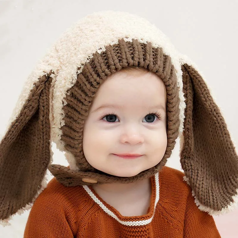 Korean Rabbit Ear Baby Hats Knitted Cartoon Plush Infant Hat Cute Soft Autumn Winter Outdoor Head Accessories Adjustable Hatband