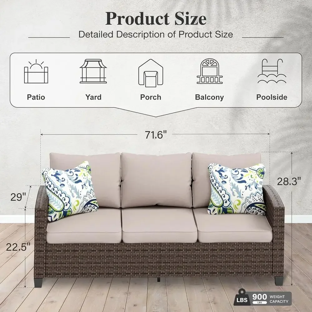 3-Seat Waterproof Wicker Couch with Thick Cushions for Outdoor Patio, Deep Seating, Beige