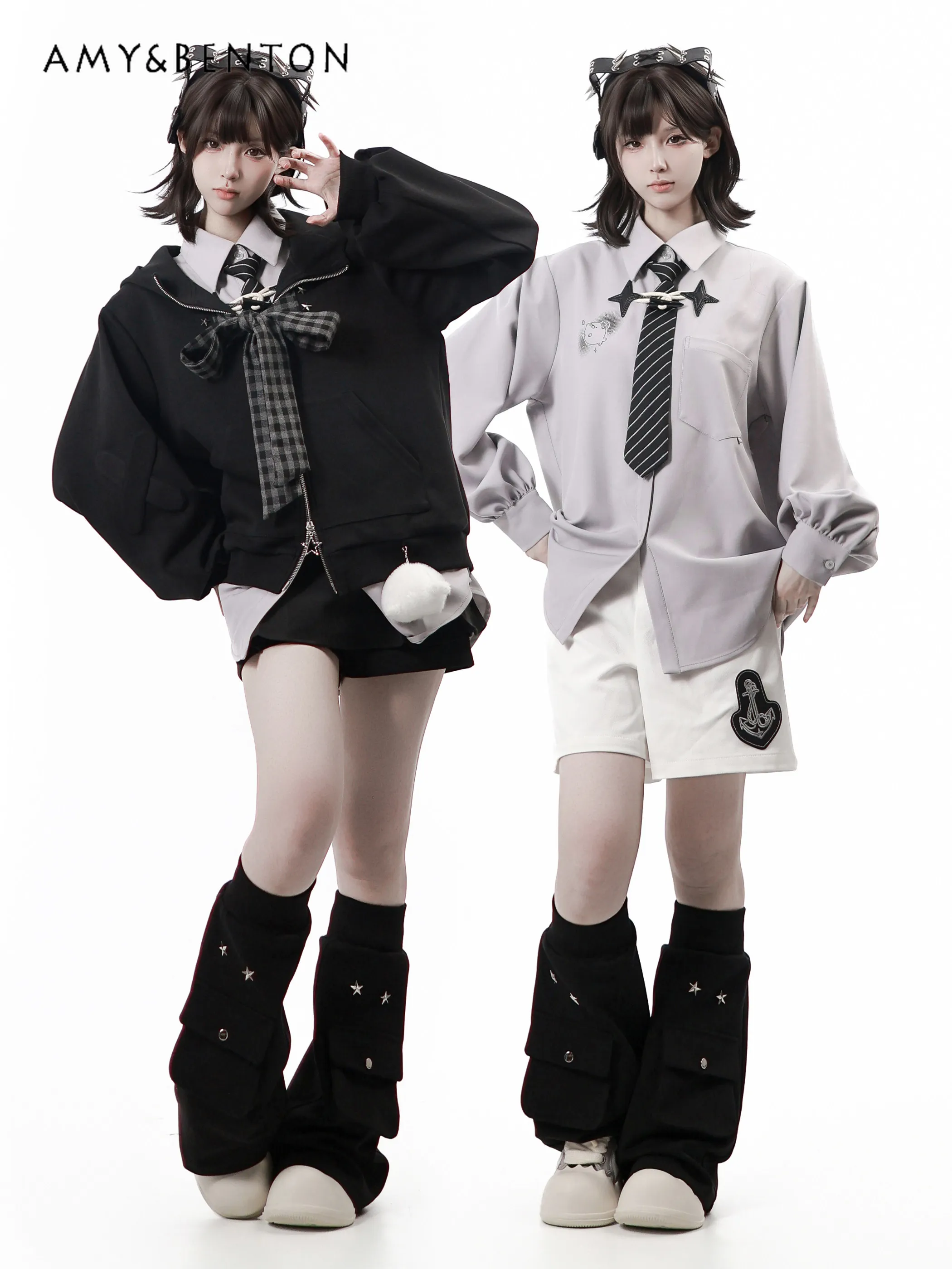 

Pinksavior College Style Sweet Cool Girl Hooded Jacket Sets New Spring Cartoon Print Long-sleeve Shirt Mini Skirt Leg Warmers