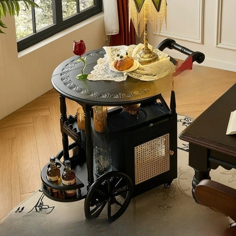 

French retro solid wood folding coffee table black mobile small dining car