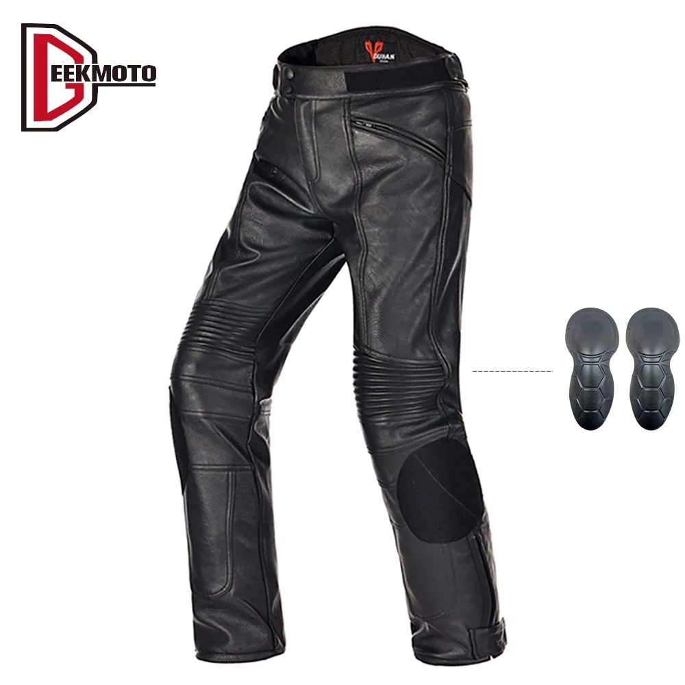 DUHAN Motorcycle Pants Wearable PU Riding Pants Men's Wind Proof Anti Fall Leather Pants Built In CE Protective Gear Four Season