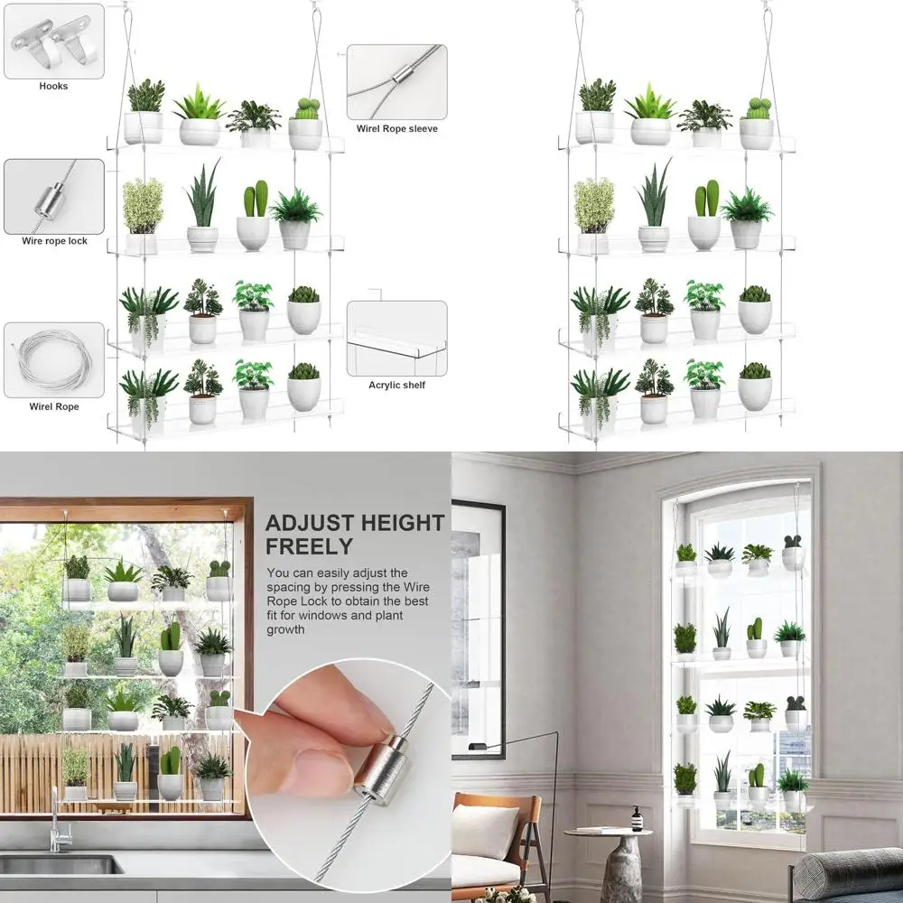 

4-Tier Hanging Clear Plant Shelves or Windows, Acrylic Window Wall Plant Stand Shel or Kitchen Indoor Gardens, lower,Herb, Seedl