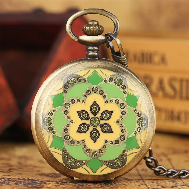 Antique Pocket Watch Green Crystal Flowers Men Women Hand Winding Mechanical Watches Skeleton Pendant Chain Clock Timepiece