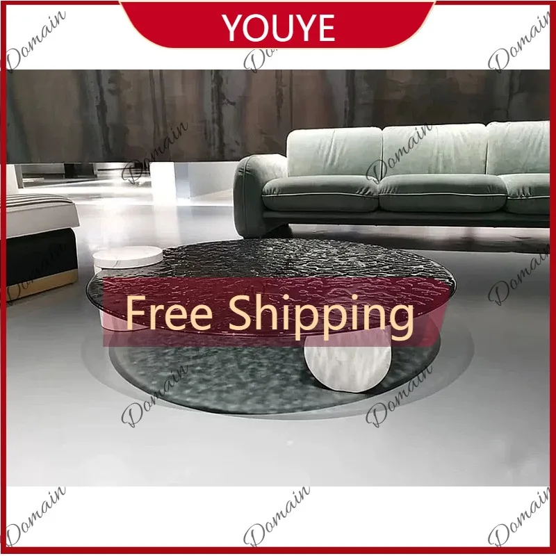 H80 Nordic Postmodern Round Coffee Table With Water Ripple Glass Top Luxury Marble Base For Living Room
