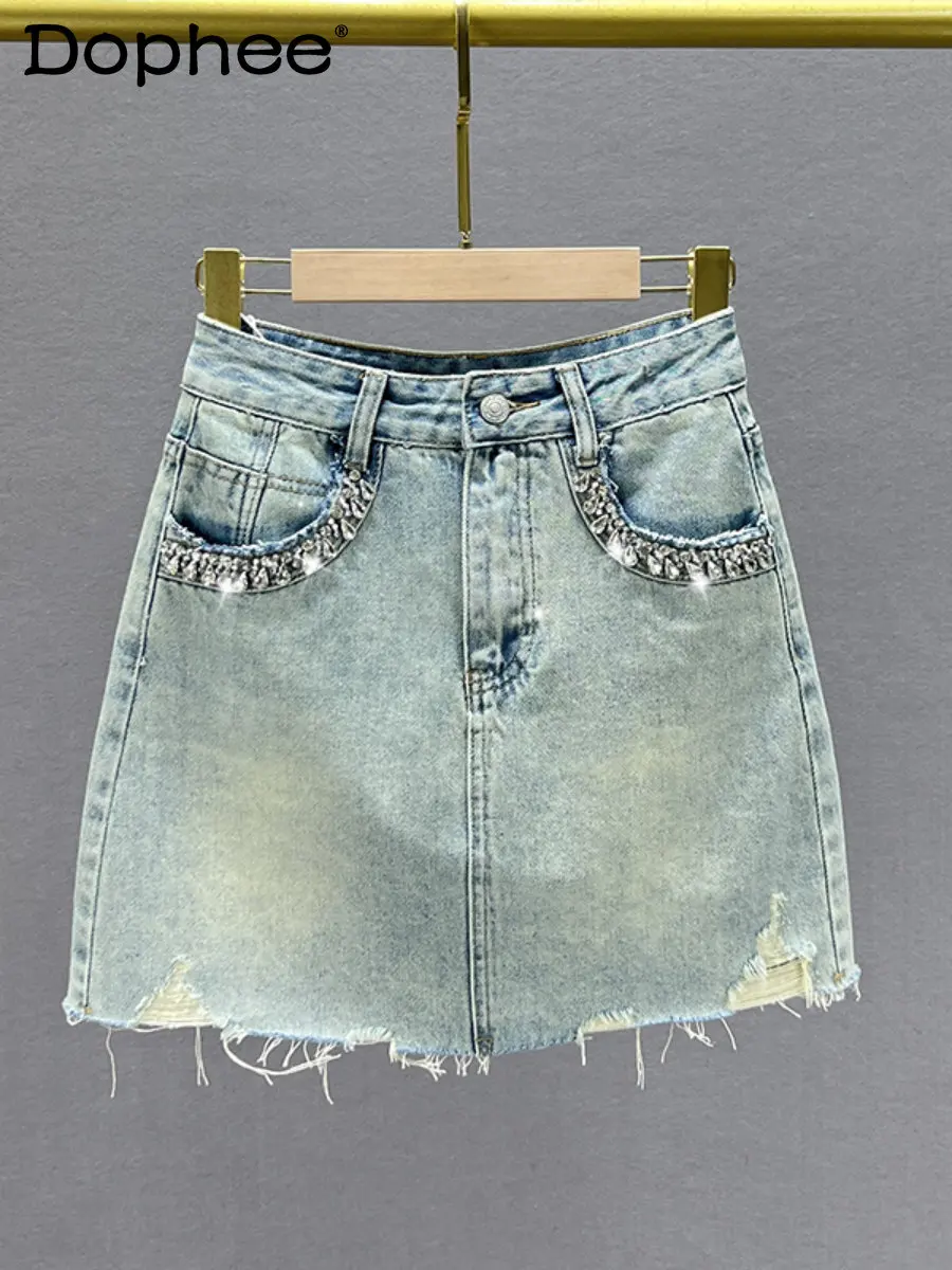 

2023 New Summer Skirts Short A- Line Denim Skirt Women's High Waist Slim Slimming Diamond-Embedded Ripped Mini Skirt for Female