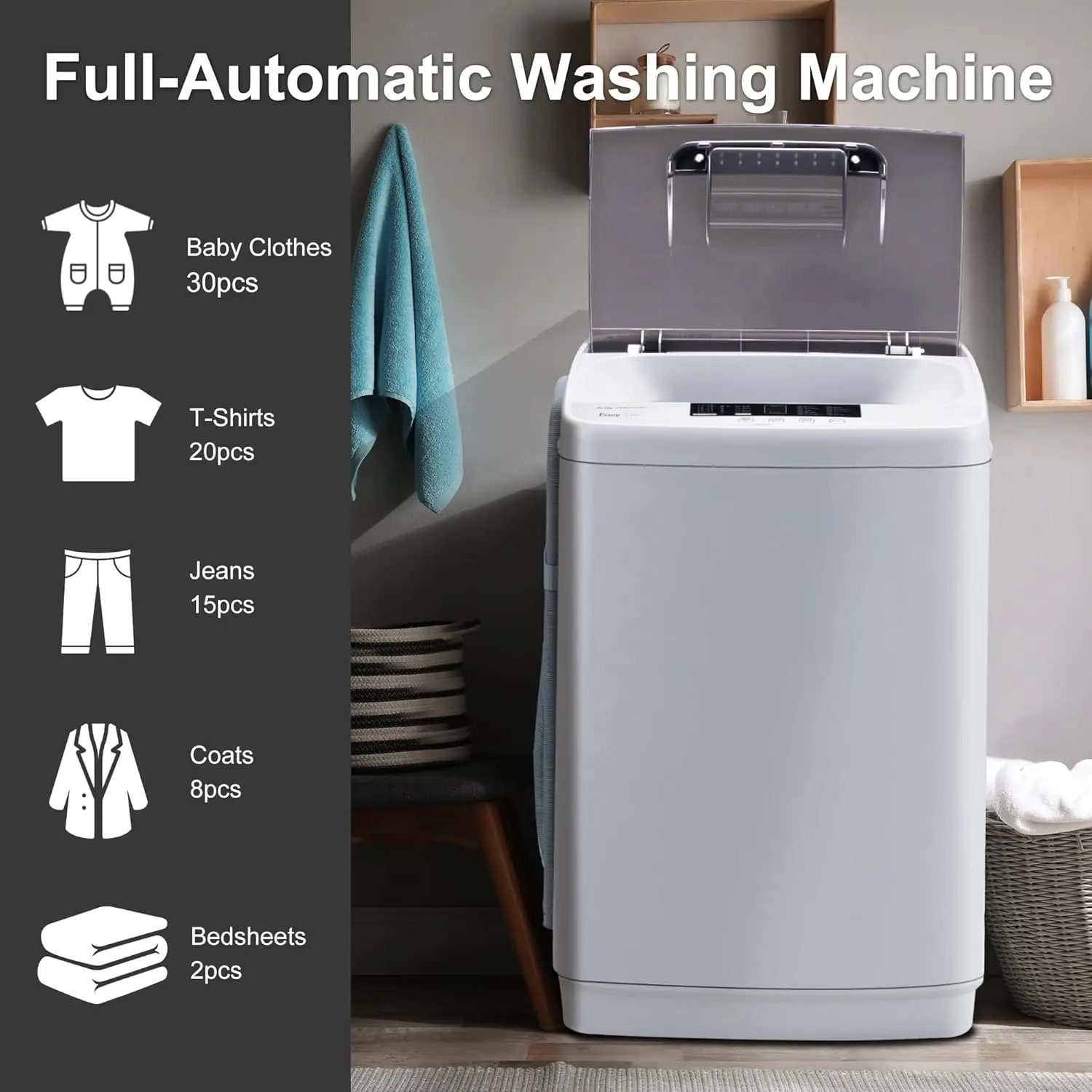 Washer Machine, Portable Washing Machine, 1.7 Cu.Ft.Laundry Washer Spin with 10 Wash Programs& LED Display& Built-in Drain Pump,