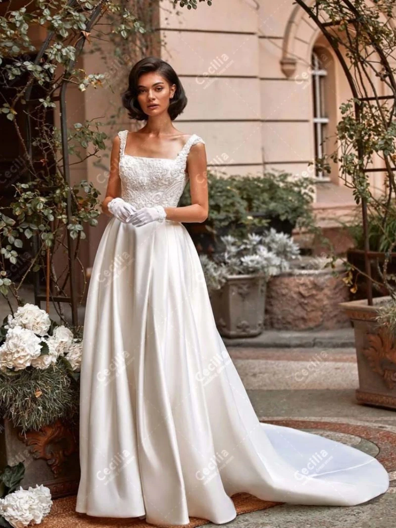 Splendidi abiti da sposa A-Line abiti da sposa in raso ricamati abiti colletto quadrato senza maniche backless abiti da sposa 2024