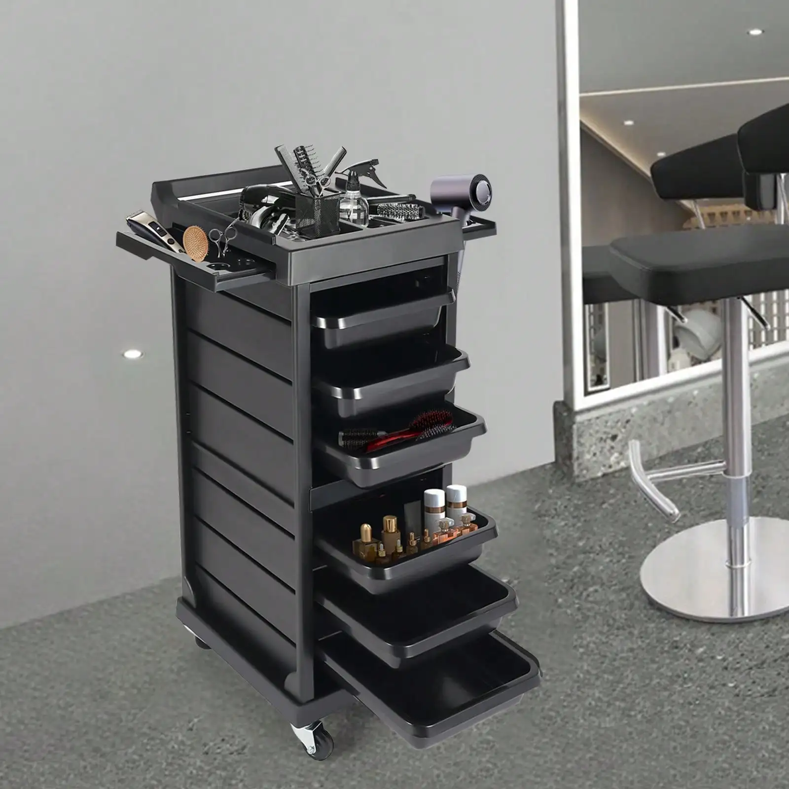 Black 7 Tiers Beauty Salon Trolley With Handle & 4 Universal Wheels Salon Cart Lockable Salon Station For Beauty Salons