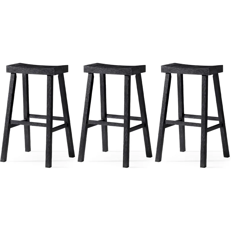 Vincent 31 Inch Tall Bar Height Backless Rectangular  Barstool In Antiqued Black Finish With Rustic Wood Top Seat, Set Of 3