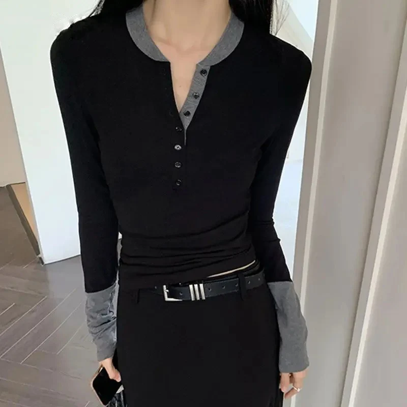 تي شيرت المرأة الخريف موضة جديدة كم طويل سليم تمتد زر المرقعة خمر Y2k بلايز السيدات عادية تي شيرت