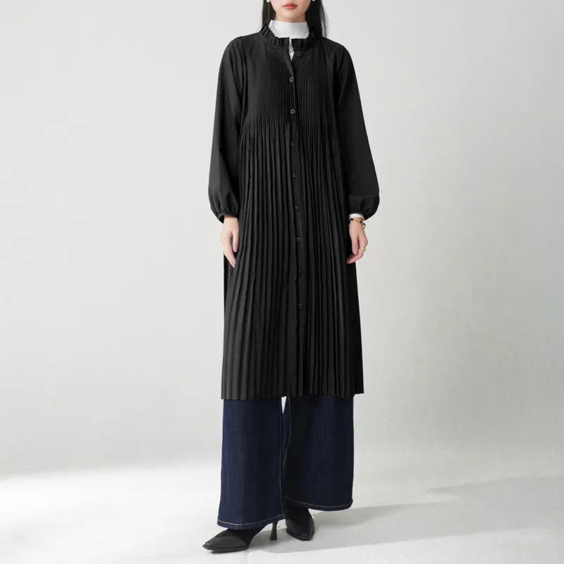 YFPF 2025 Autumn New Women Long Coat Miyake Pleated Solid Color Buton Stand Collar Fashion Windbreaker Office Lady Clothing
