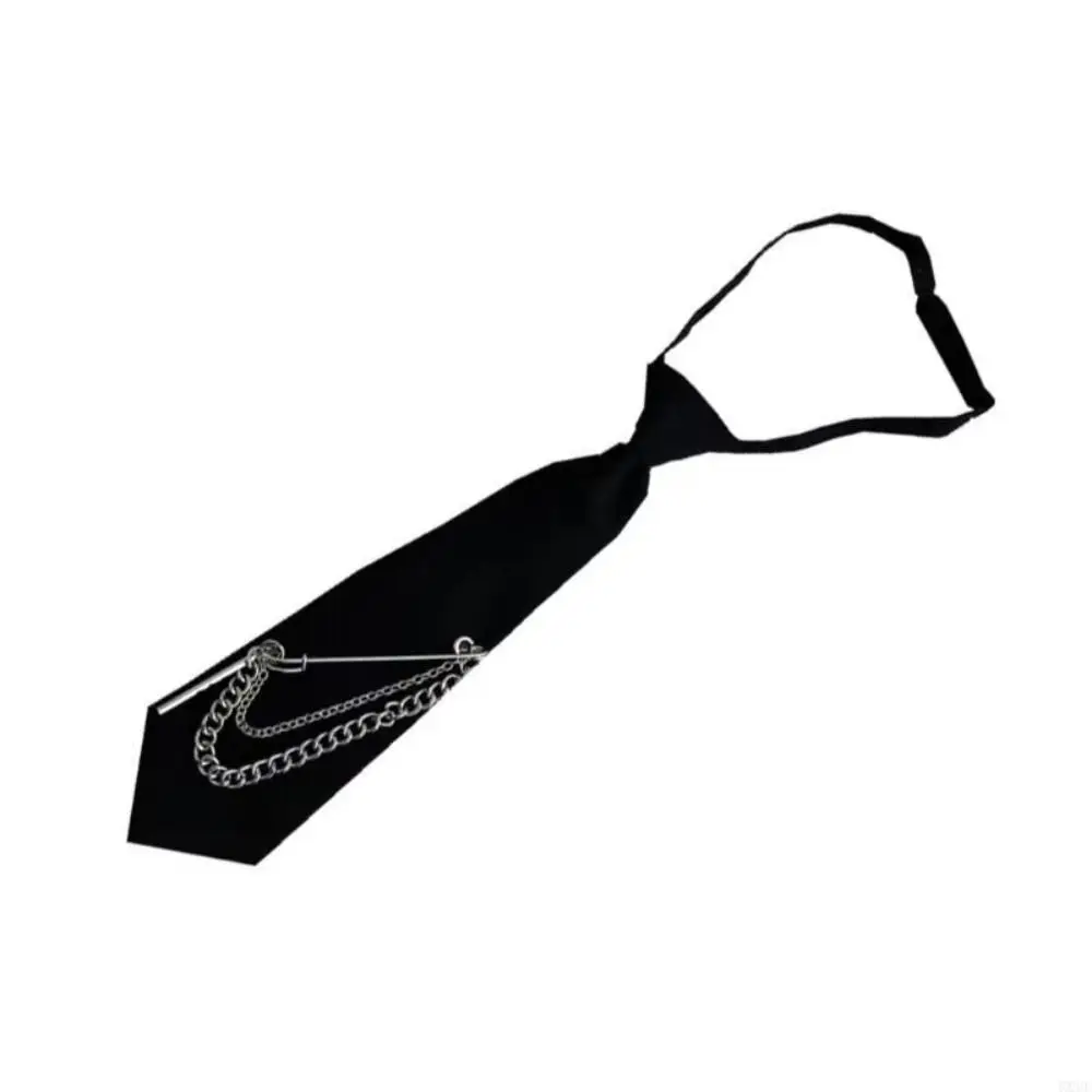 Black Pre-Tied Necktie Alloy Chain Safety Pin Detail Chain Necktie Adjustable Neck Strap Punk Necktie School Uniform Styling