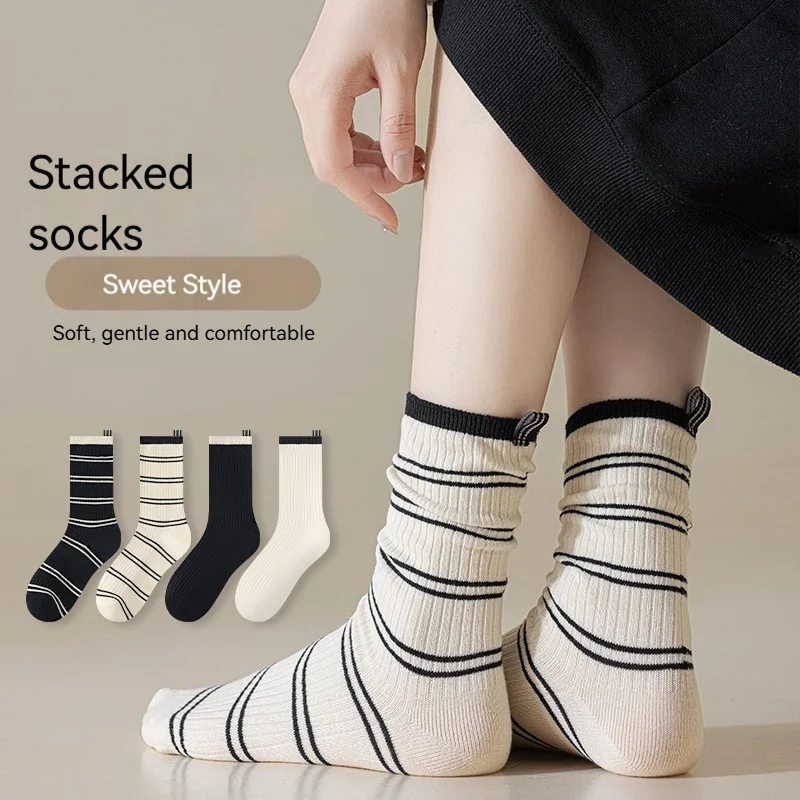 Women's Retro Striped Crew Socks, Soft Cotton Ribbed Socks with Pull Tab, Mid-Calf Casual Socks for Daily/Outfit
