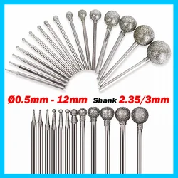 5Pcs 0.5mm-12mm Ball Round Diamond Burr Bit Shank 2.35mm/3mm Gems Glass Carving Rotary Tools