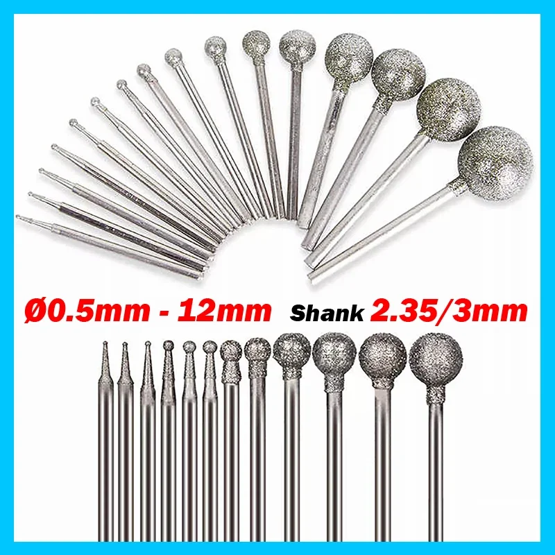 5 sztuk 0.5mm-12mm kulka okrągła diamentowa zadzior trzpień 2.35mm/3mm klejnoty rzeźba w szkle narzędzia obrotowe