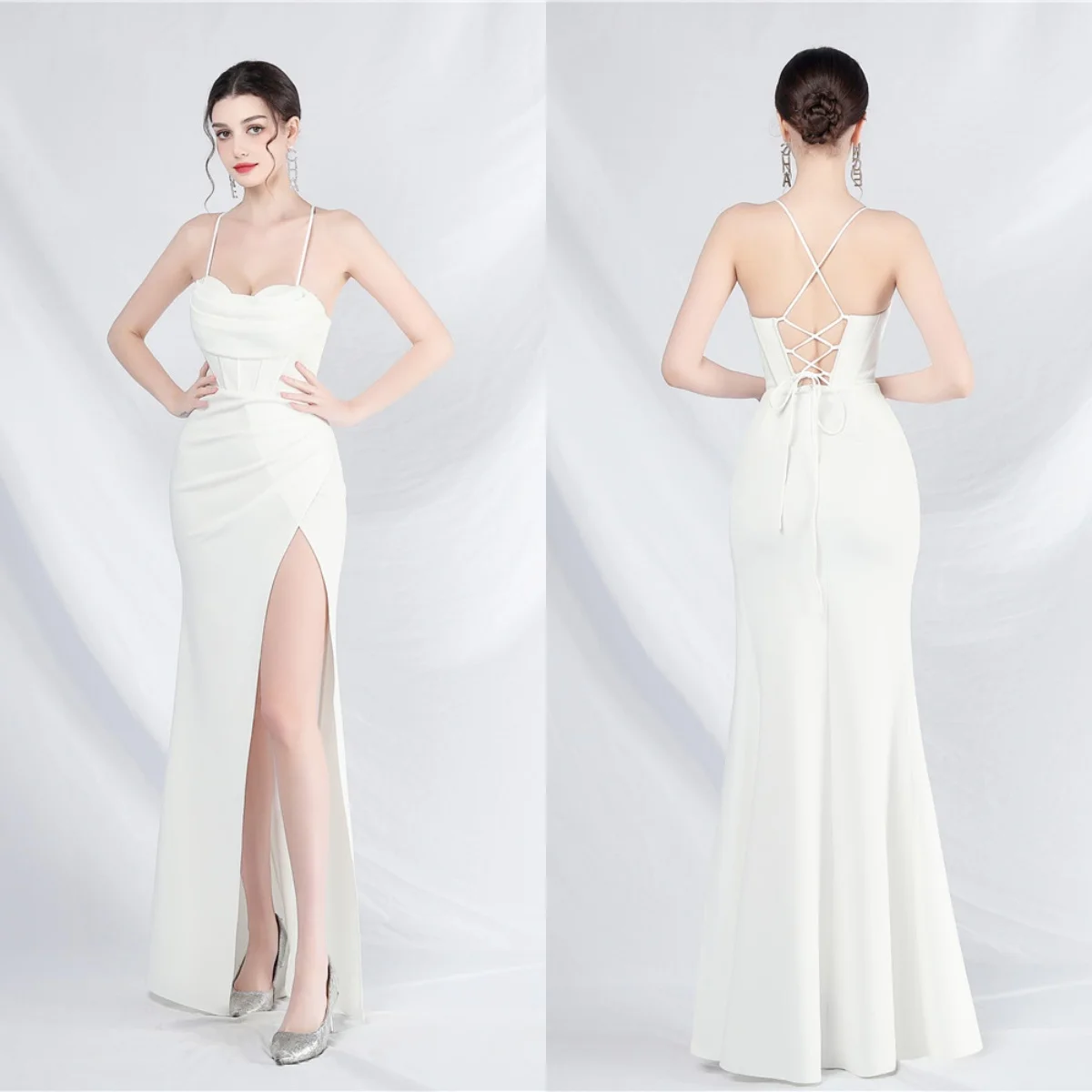 

Evening Dress White Stretchy Sgaphetti Straps Pleat Zipper Back Mermaid Trumpet Floor Length Slit Women Party Formal Gowns YE150