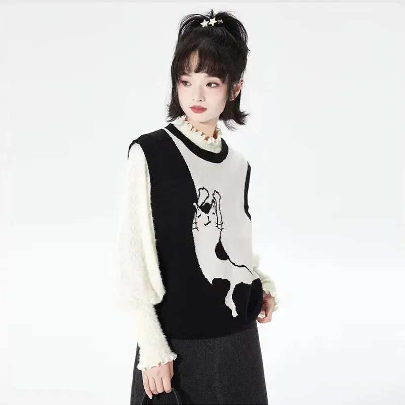 Women Cute Cat Jacquard Black White Color Block Knit Vest Loose Round Neck Sleeveless Layering Waistcoat S-XXL view 4