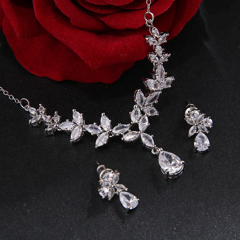 Emmaya Classic Water Drop Necklace Earrings Set for Women Shinny Leaf Cubic Zircon Jewelry Sets Lady Party Wedding Accessories