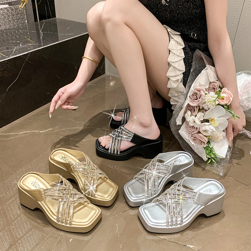 

Womens Crystal Rhinestone Wedges Slippers Summer Square Toe Platform Slides Non Slip Outdoor Sandals ForLadies Gold Silver Black