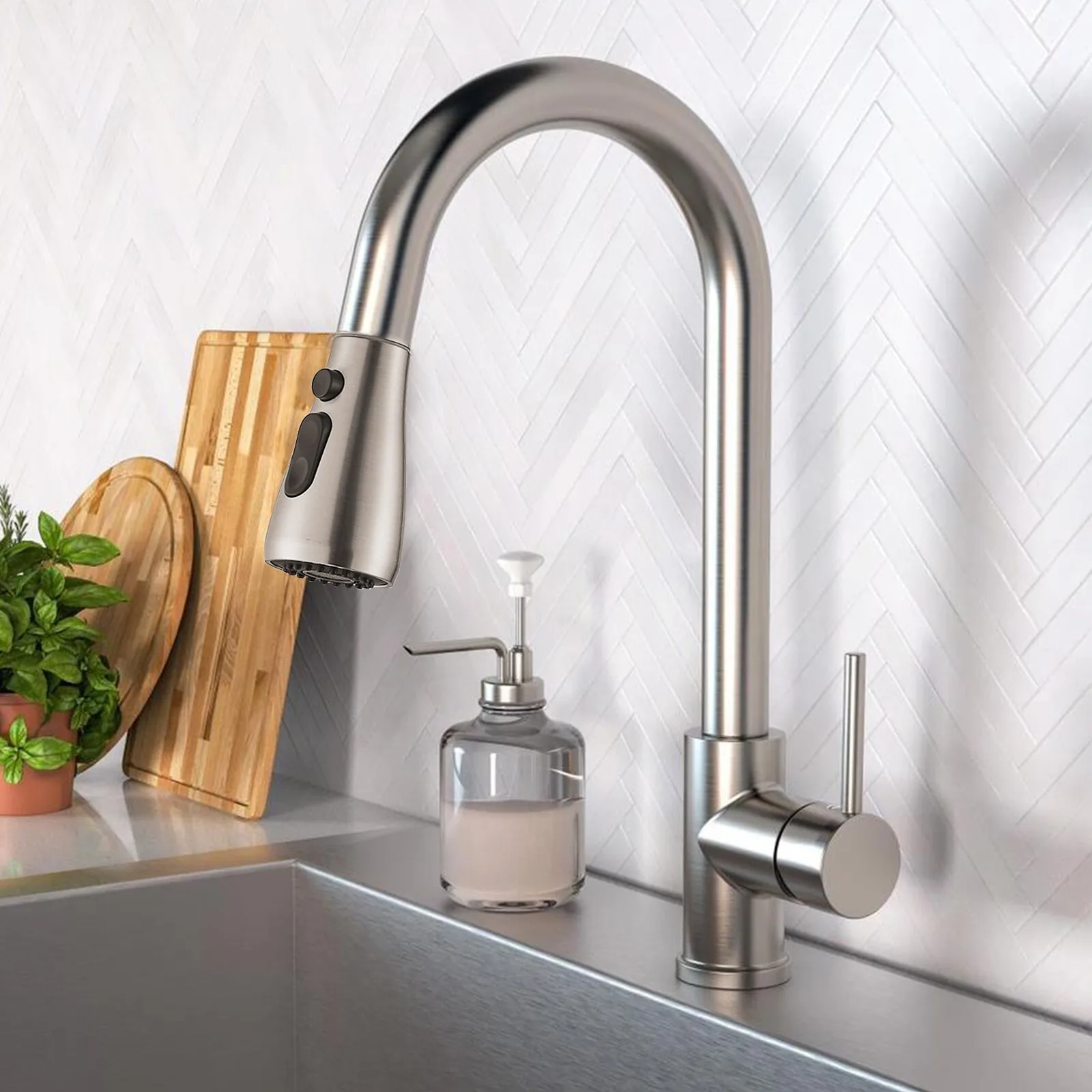 

Brushed Nickel Kitchen Faucet Sink Mixer Faucet Pull Down Sprayer Single Handle