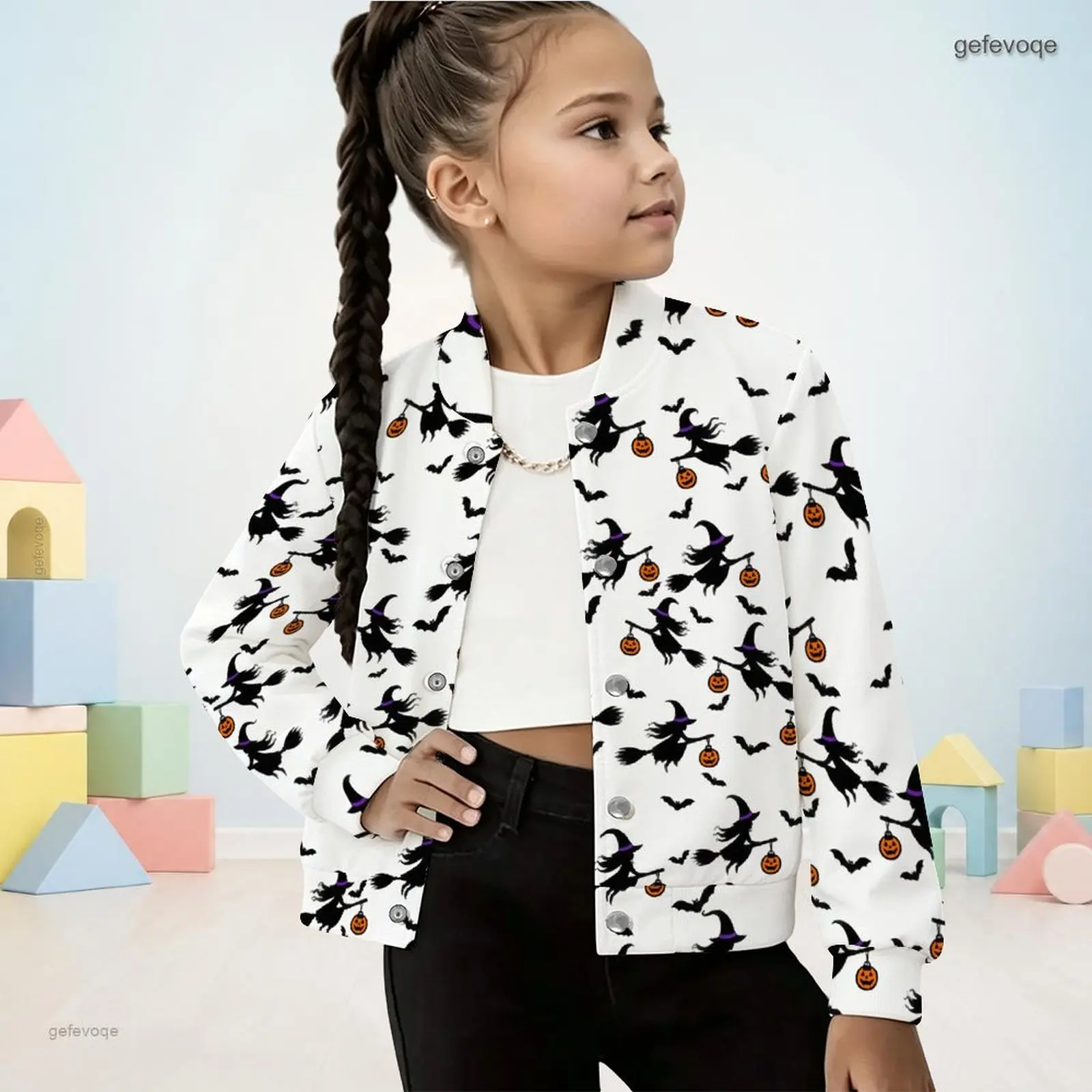 Autumn Graphic Print Girls Button Up Jacket Manin Collar Spooky Kids Clothing Halloween Party Wear