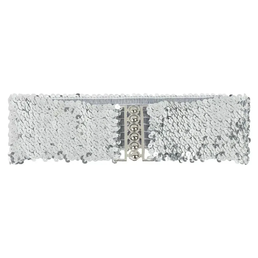 

Sparkling Sequined Wide Corset Belt Metal Buckle Wide Elastic Sequin Elastic Cummerbunds Corset Belt Stretch