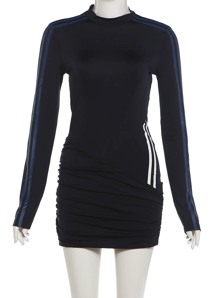 Weird Puss gestreiftes Dekorationskleid für Damen, O-Ausschnitt, Kreuzfalten, lange Ärmel, eng anliegend, hohe Elastizität, sportlicher Stil, Herbst, Mini-Bodycon – Detail 4