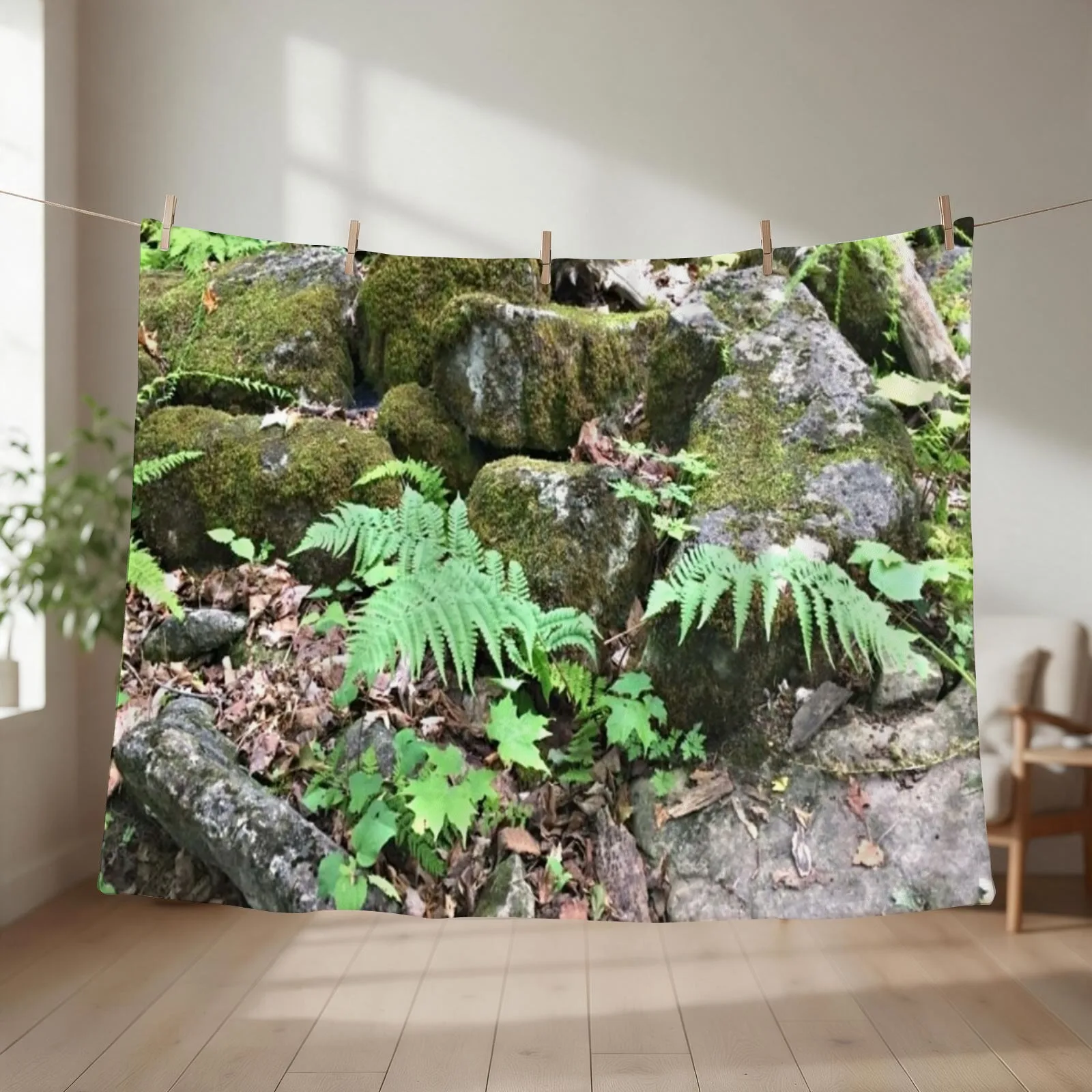 Fern Forest Floor / Mossy Cover / Rocks / Lush Plants Throw Blanket couch cozy soft plush fuzzy picnic outdoor blanket