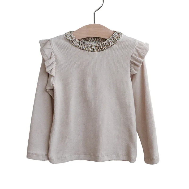 

2025 Autumn Versatile Solid Color Soft Children's Girl Western-style Floral Collar Philippine Edge Elastic Cotton Soft Top