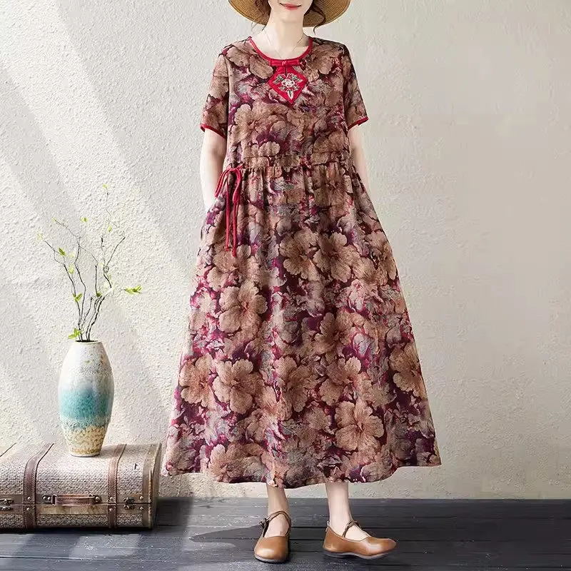 

Mom's Dress Summer Middle Aged Women's Large Size Loose Retro Ethnic Style Printed Cotton And Hemp Long Dress Short Sleeve K1215