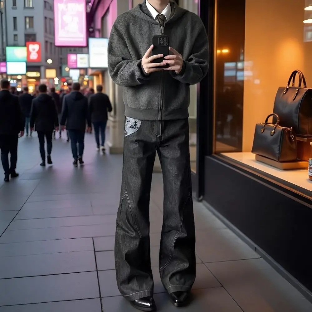 

Blue White Jacquard Black Original Cow Scimitar Jeans Men's Ruffian Handsome High-end Drape Loose Wide Leg Baggy Jeans