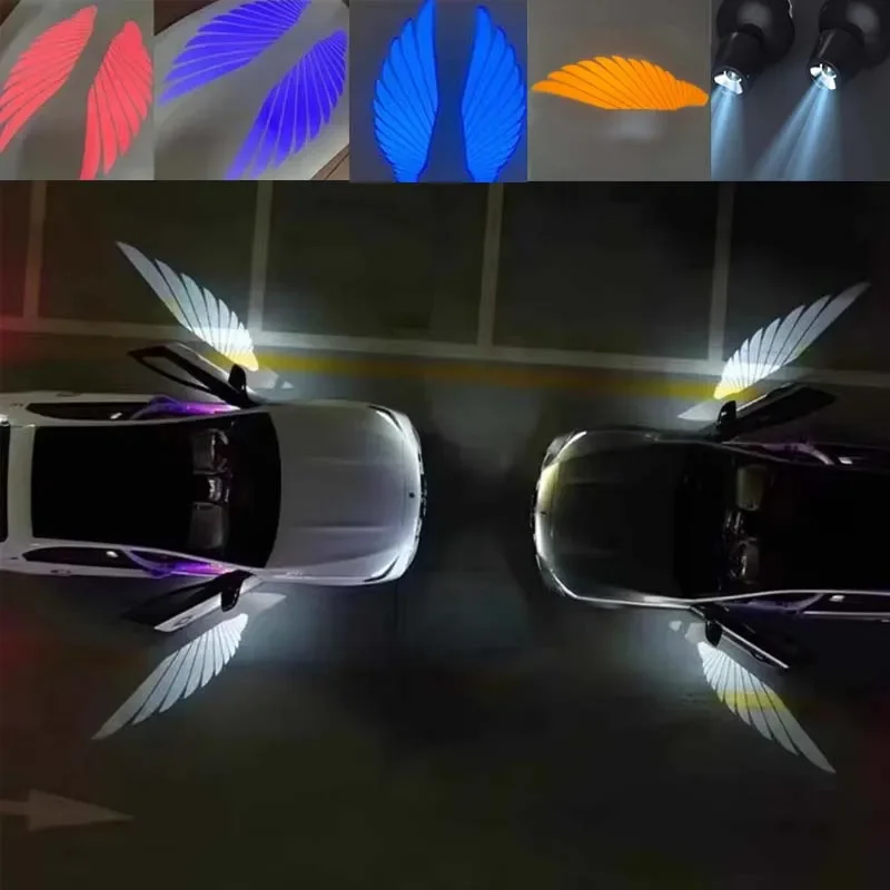 2Pcs Welcome Car Angel Wings Light Carpet Projection Lamp Rearview Mirror Exterior LED Decoration Lights Universal Parts