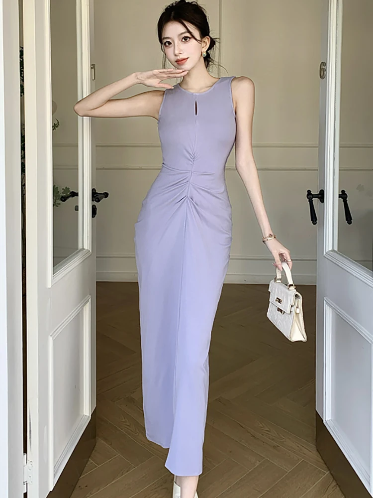 

2025 Purple Cotton Pleated Bodycon Long Dress Women Elegant Chic Sleeveless Dress Spring Summer Korean Fashion Casual Prom Dress