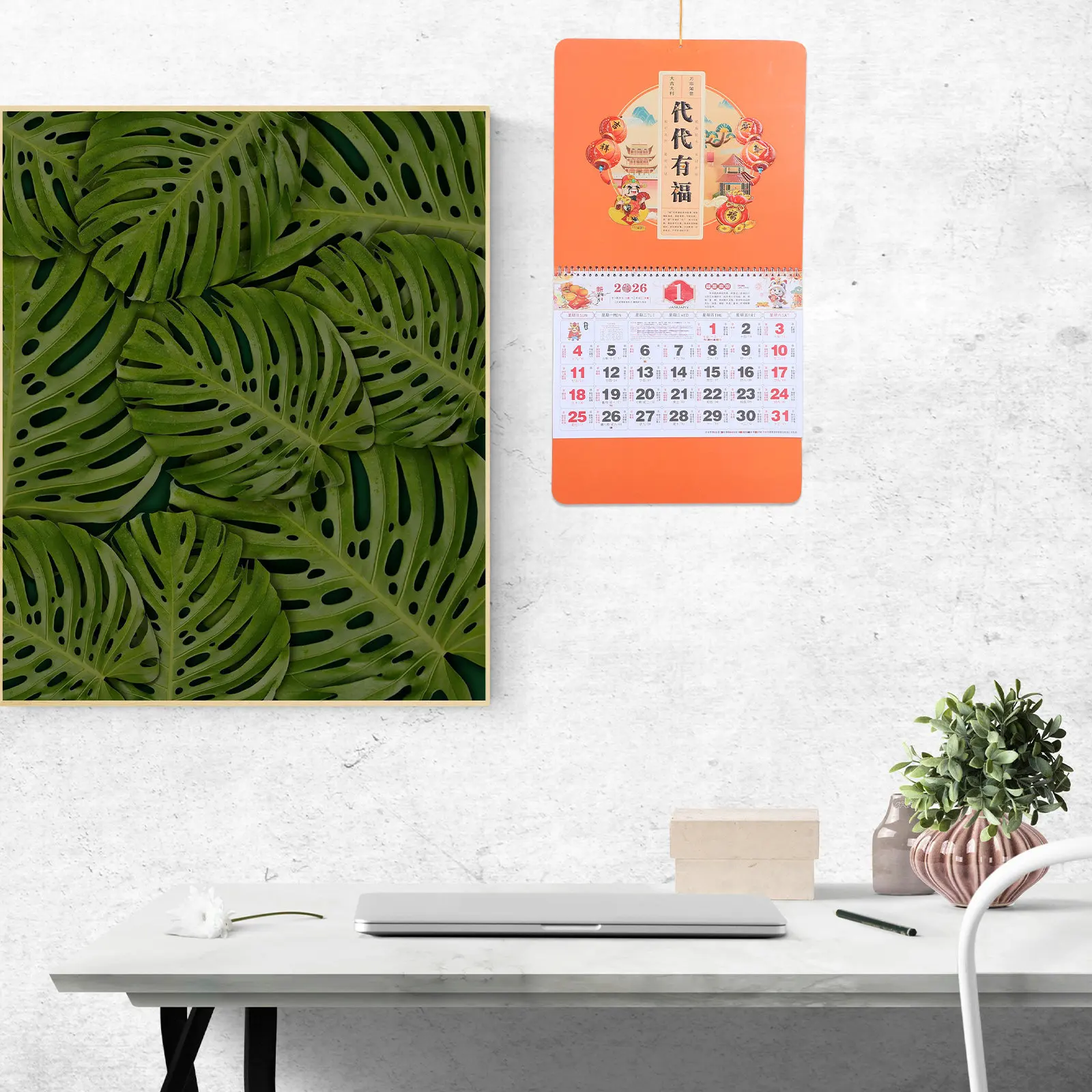 

Chinese Wall Hanging Calendar 2026 Orange Year of Horse Monthly Planner Home Office Decoration Traditional Lunar New Year Scroll