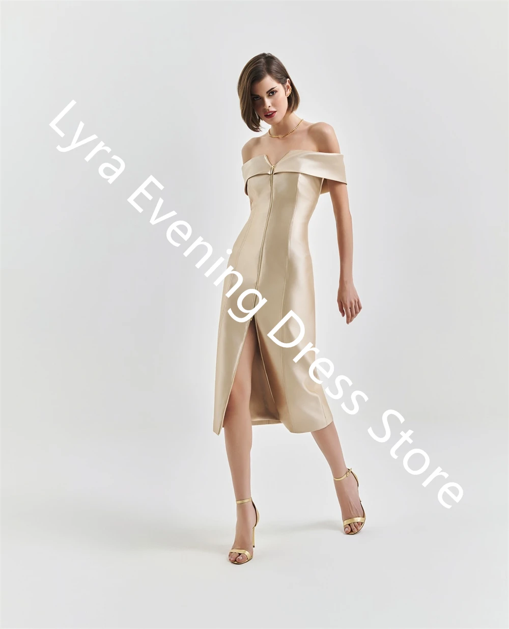 تخصيص مزاجه الشمبانيا الساتان مساء اللباس قارب الرقبة قبالة الكتف أكمام فساتين المشاهير مثير فستان الحفلة الراقصة