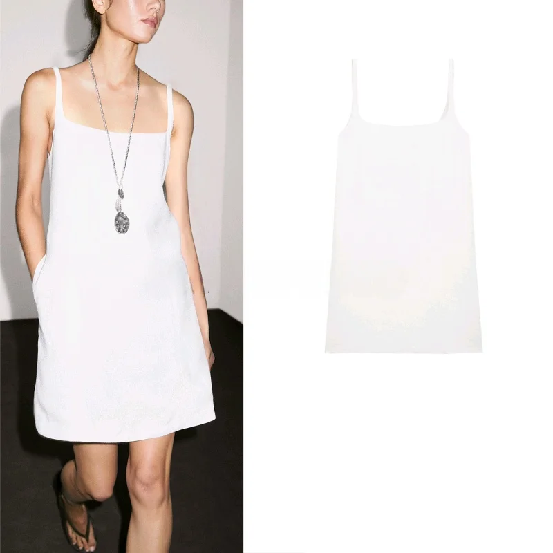 Zomer Nieuwe Dames Vakantie Sle Dr Vierkante Kraag Bal Strap Vest Dr Beige Casual Polyester Vezel 6620530