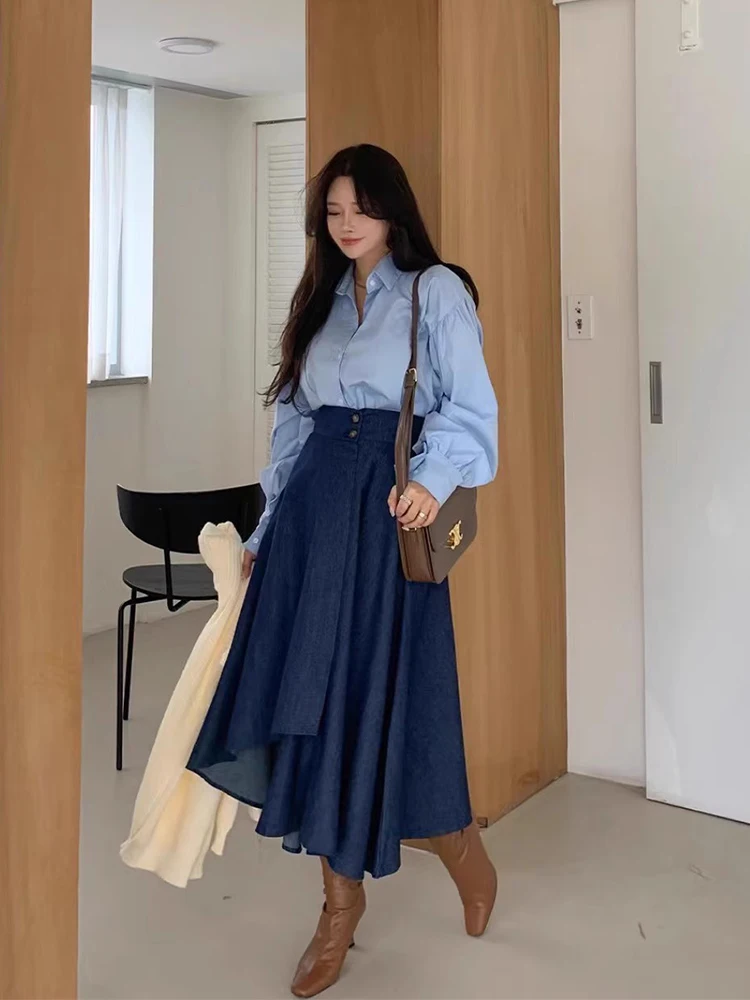 

Шикарный весенний новый нежный молочно-синий фонарь Све irt, утягивающая асимметричная юбка с высокой талией, женский ансамбль Faion