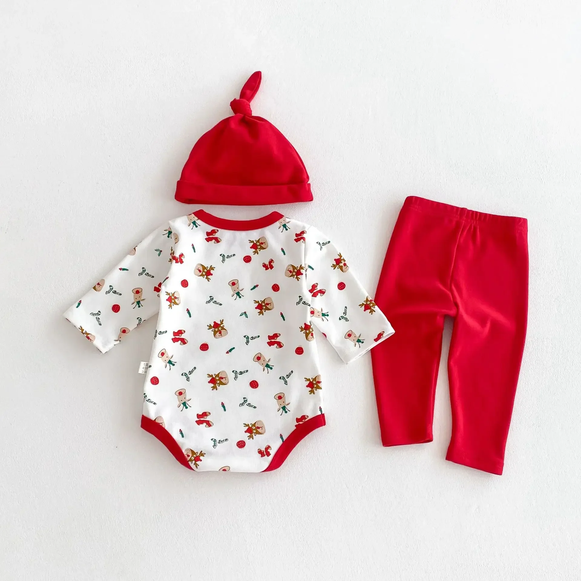 

Christmas Toddler Outfit Set 3-Piece Reindeer Print Bodysuit Pants and Hat 0-2Y Baby Comfortable and Warm Clothes