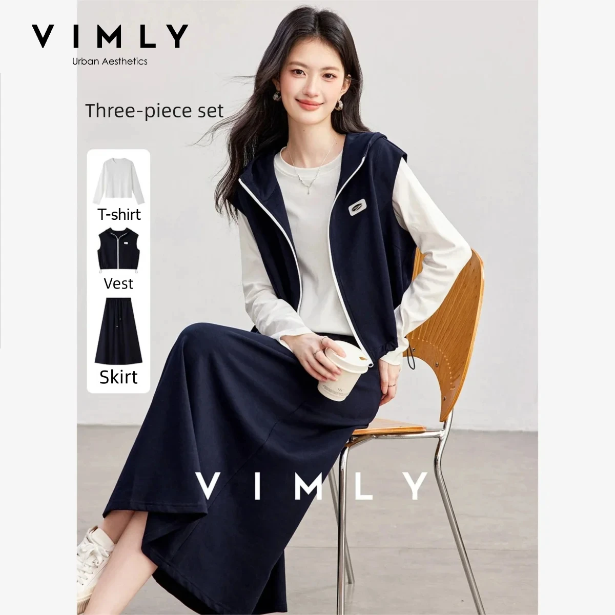 VIMLY Women's 3 Piece Set Casual White Long Sleeve T-shirt Navy Vest Midi Skirt Fashion Daily Office Wear Matching Outfit 31386