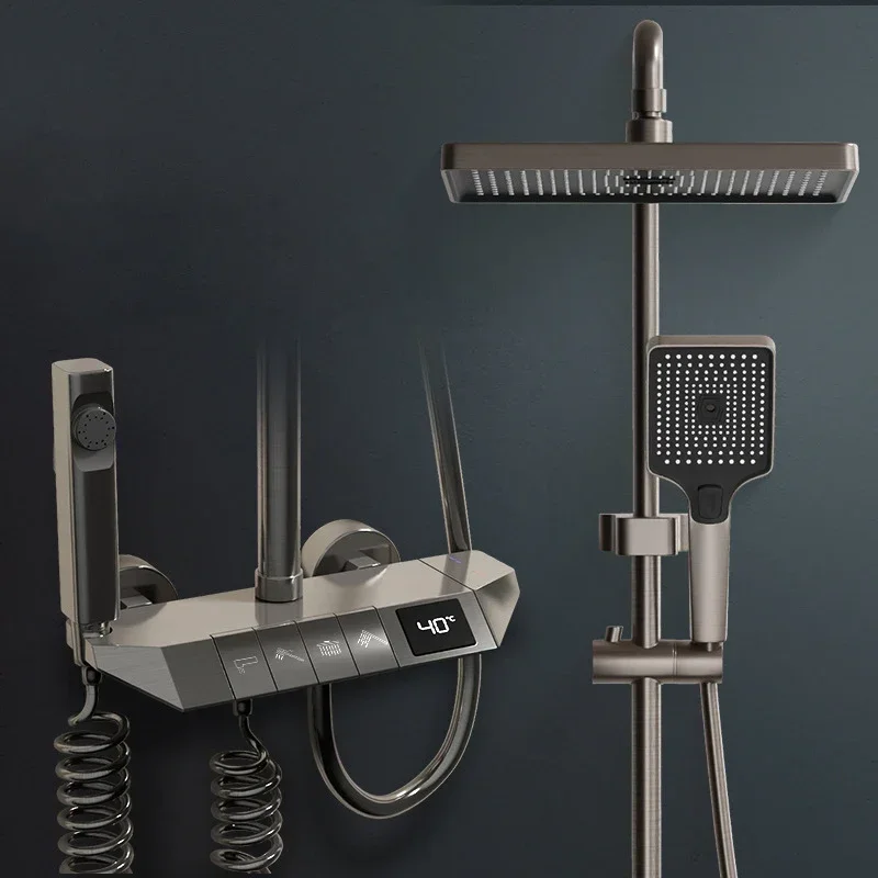 004 Advanced 4 Functions Gun Grey Keypad Piano Push Button Press Key Flat Digital Display Bath Shower Set Faucet System