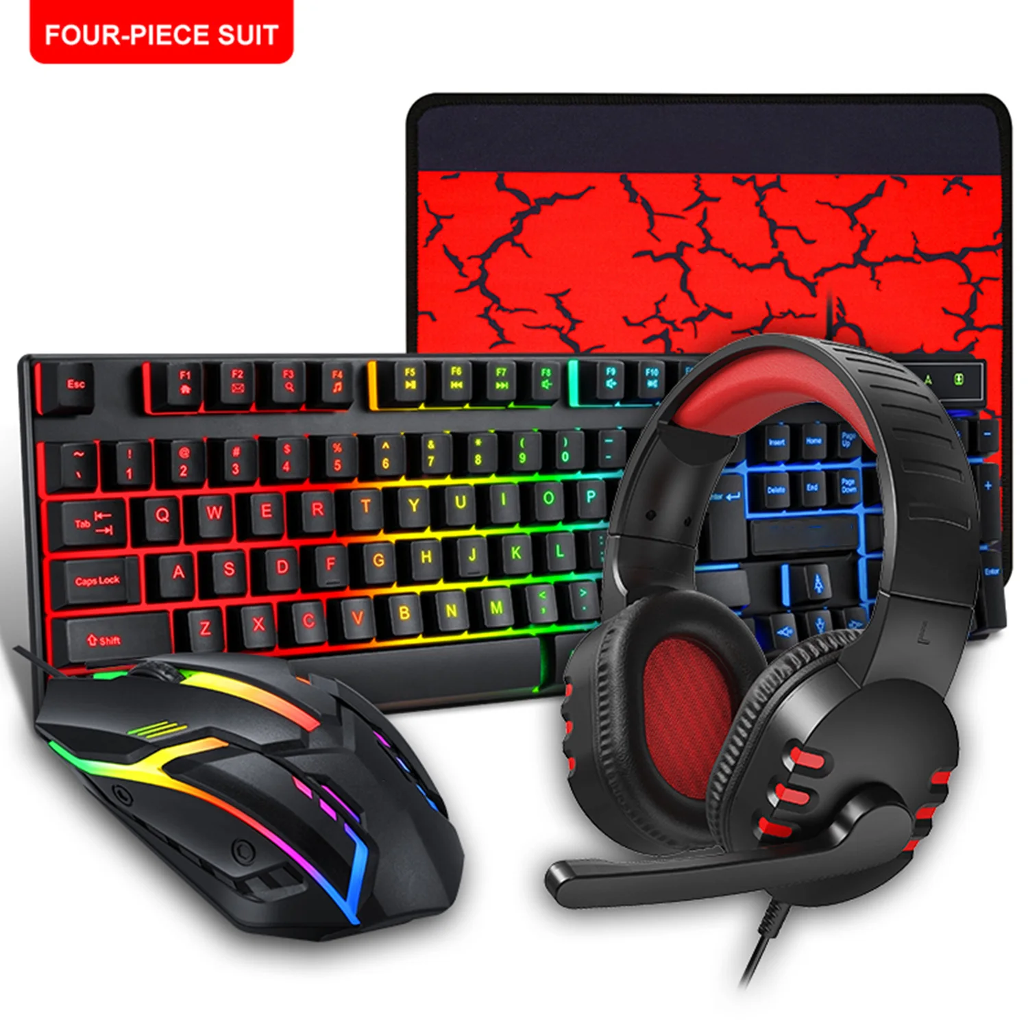 

Комплект киберспорта 4 в 1, проводная игровая клавиатура и мышь с RGB-подсветкой, гарнитура, проводная клавиатура со светодиодной подсветкой и радужной подсветкой для геймера