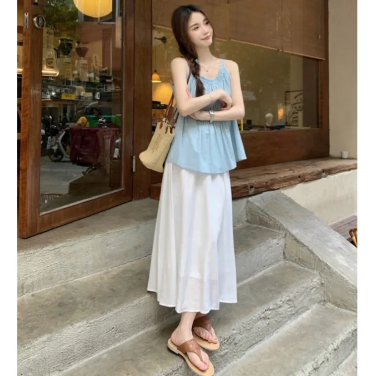 

Chic Blue Loose Strap Top And White Skirt Two-Piece Set Women's Fashion Summer Outfit High Waist Midi Skirt