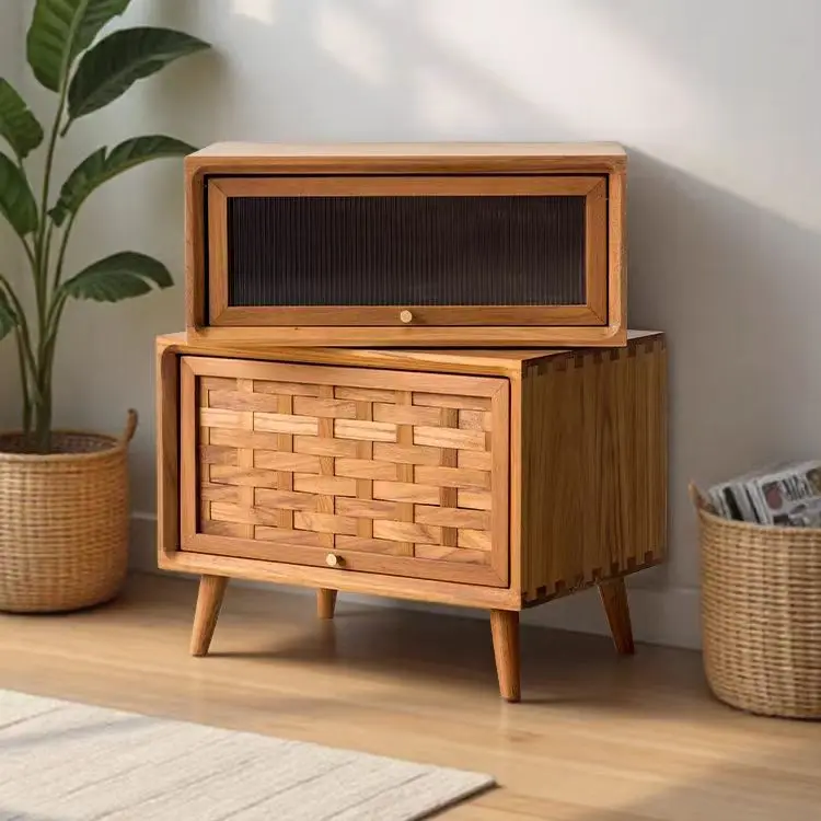 

dy-Solid Teak Wood Night Stand Modern Rotating Storage Cabinet Living Room Bedroom Night Stand Bedside Table#